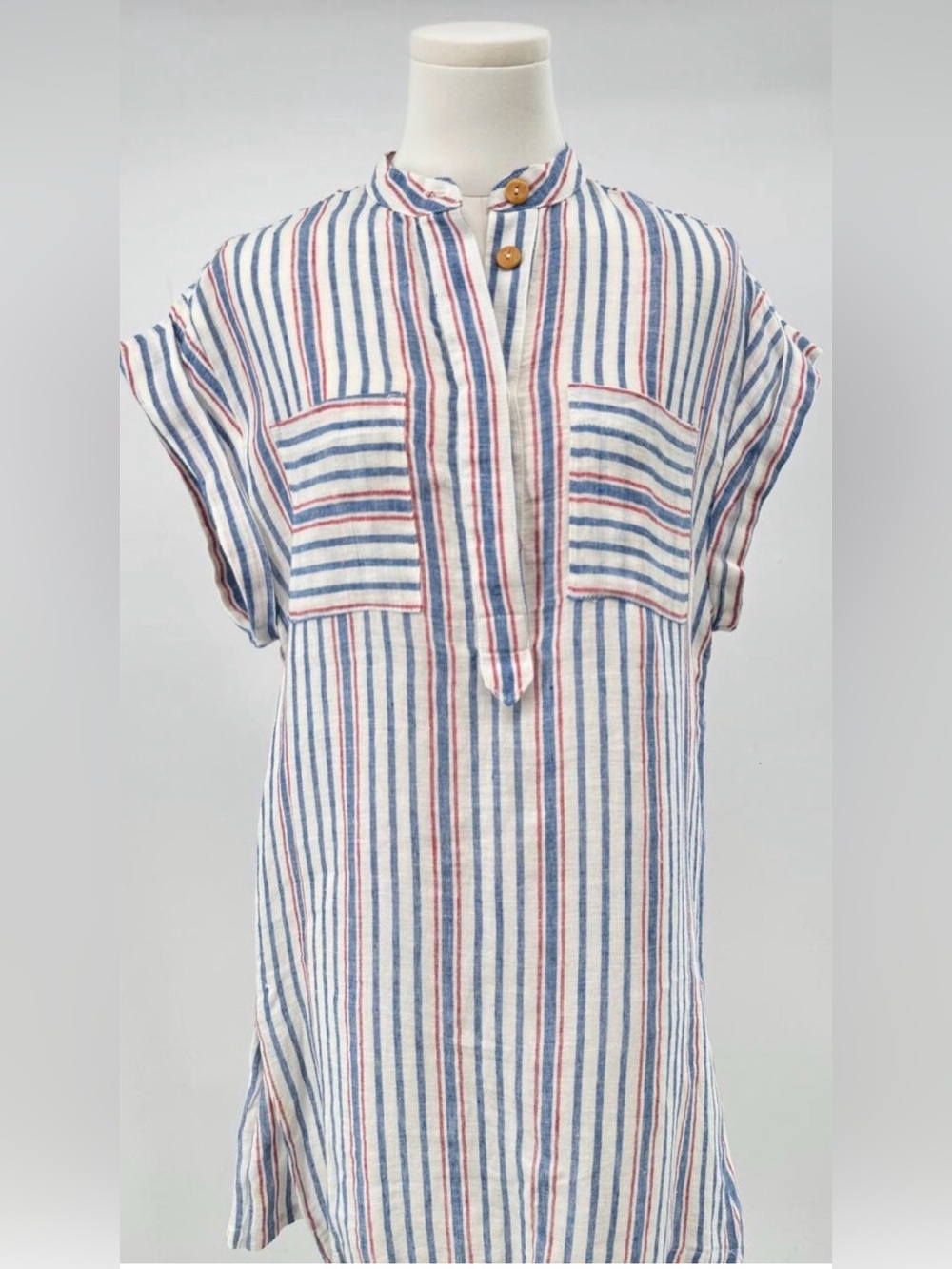 Warm 100% Linen Stripe Tunic Dress Red Blue Cover Up Short Sleeve Mini XS / S